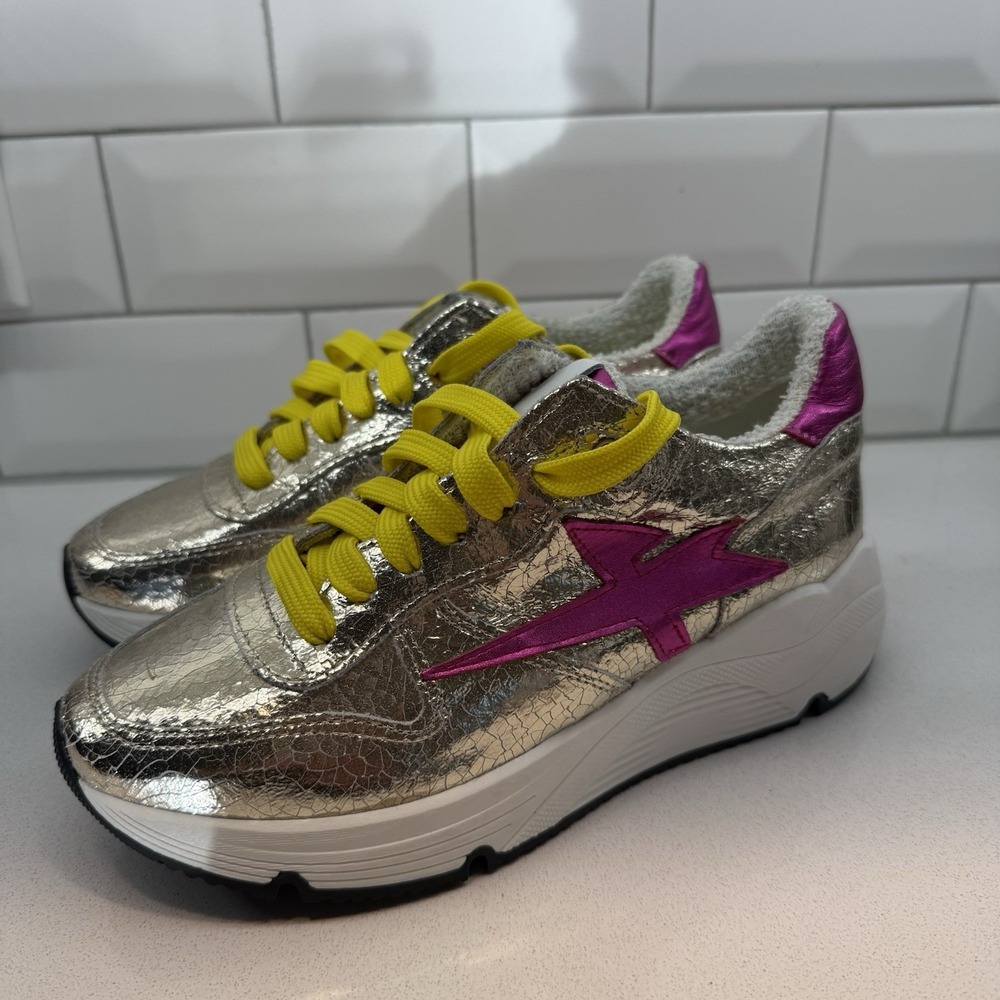 Cynthia Richard Lightning Treasure Sneakers, Gold, Pink , yellow laces, size 6